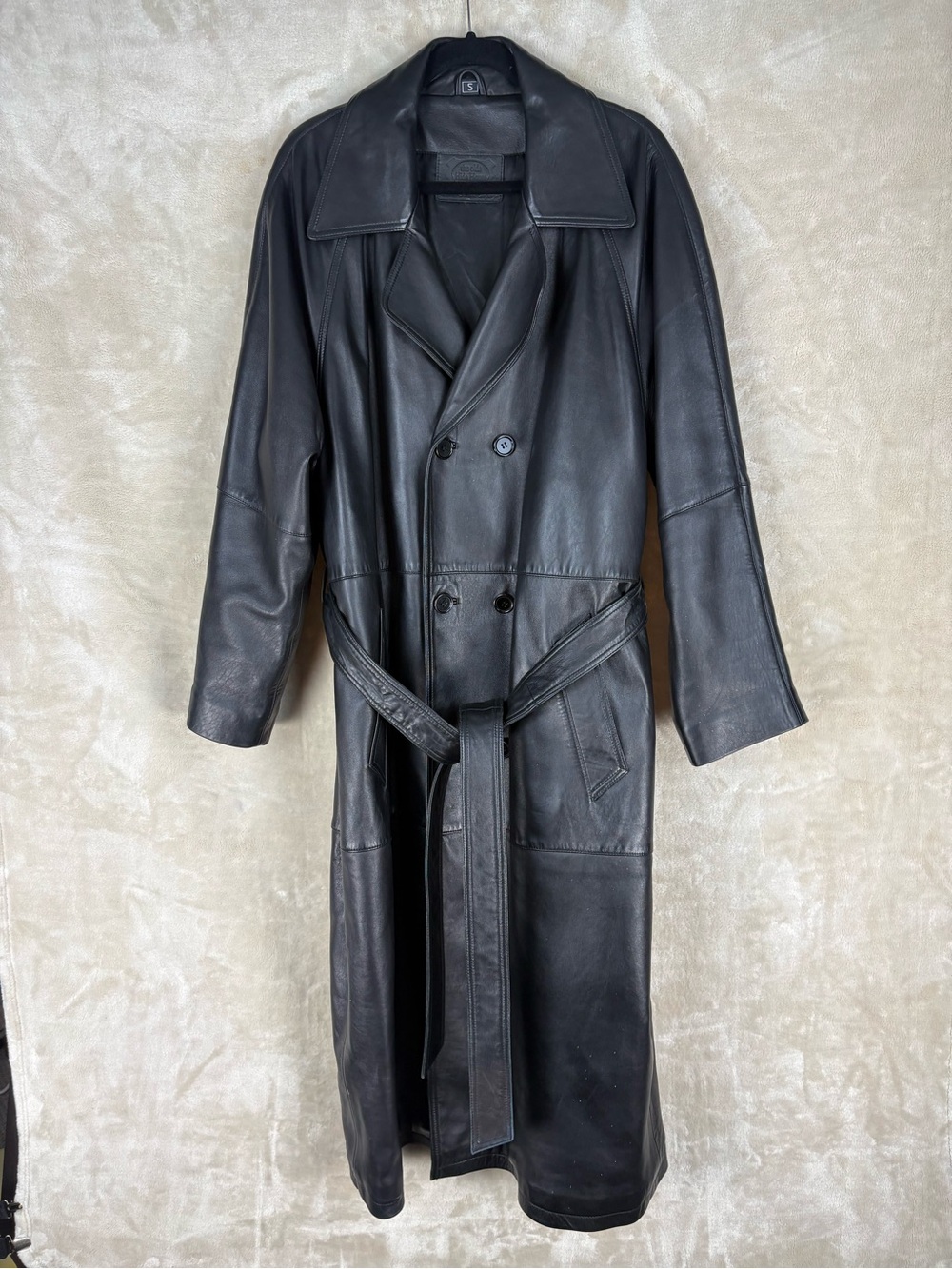 Men's Black Leather Trench Coat with Belt